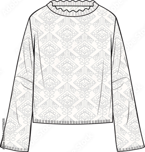 Women's Crochet Jumper- Technical fashion illustration. Front, off white colour. Women's CAD mock-up.