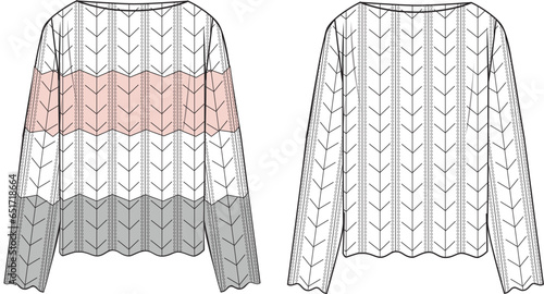 Women's Colour Block Crochet Jumper and Solid Crochet Jumper- Technical fashion illustration. Front, colored and white colour. Women's CAD mock-up.