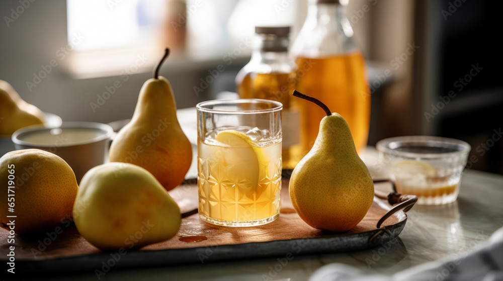 Homemade Pear Cider on kitchen table, served in a glass with fresh ripe yellow pears on background. Horizontal, side view. Homemade Pear Cider on kitchen table, served in a glass with fresh ripe yellow pears on background. Horizontal, side view.