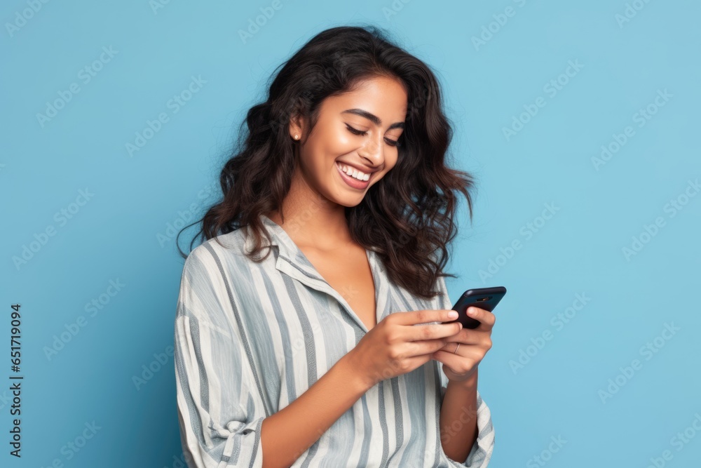 Smiling Latin Woman Shops Online with Mobile Phone on Blue Background Smiling Latin Woman Shops Online with Mobile Phone on Blue Background