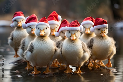 Fotografia flock of ducks waddling - wearing a tiny Santa hat - whimsical holiday parade -