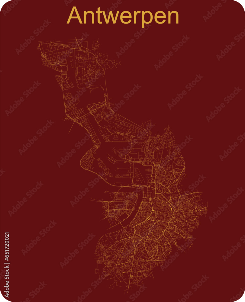 Golden road map of the city of Antwerp on red background