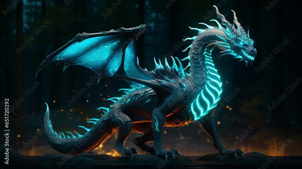 Obraz premium Bioluminescent face blue dragon animal picture AI generated art