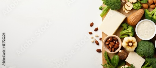 Wallpaper Mural Top view of vegan protein sources tofu chickpeas lentils nuts spinach and broccoli Torontodigital.ca