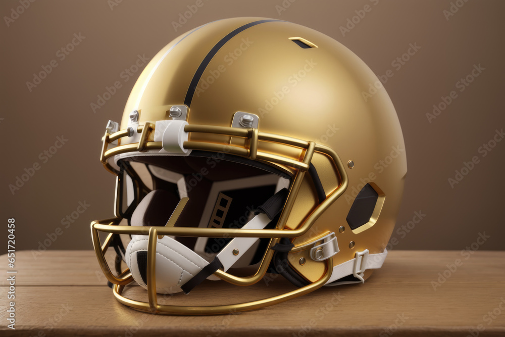 Naklejka premium Golden American football helmet 3d Illustration. Side view, on table, generative ai