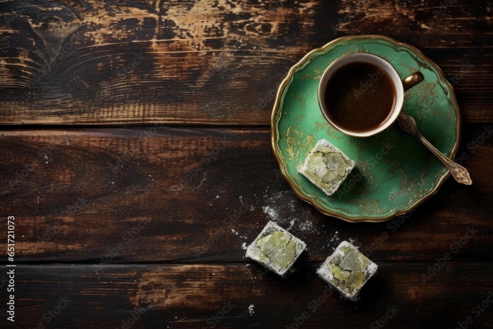 Low Key Turkish Delight and Hot Drink on Bronze Metal Cup. Traditional Ramadan Treats on Dark Green Wooden Topview Background