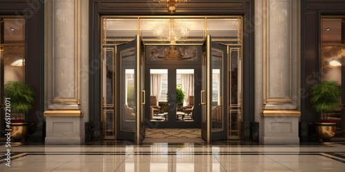 Grand Hotel Entrance: Welcome to Comfort and Luxury Accommodation with Glass Doors, Bright Lights and Reception Hall