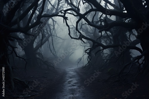 Mysterious Mist and Spooky Shadows. Foggy, Dark Forest at Night with Eerie Trees and Haunting Nature Vibes