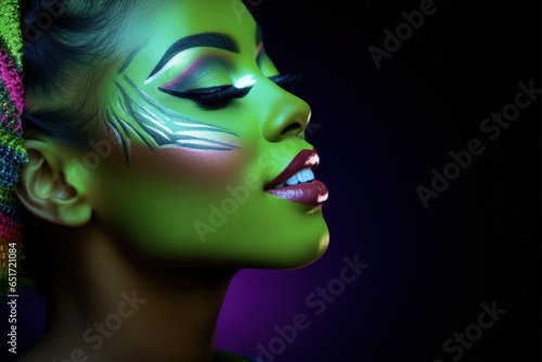 Neon Makeup on Beautiful Happy African American Model with Green Background for Beauty and Fashion