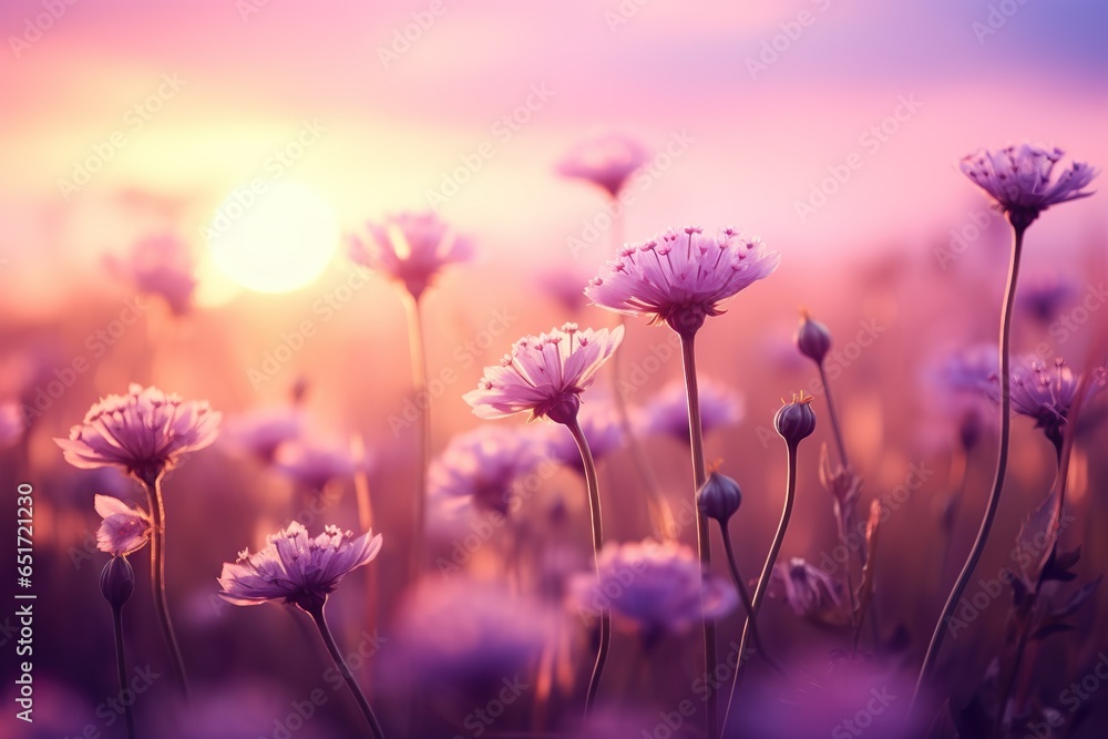 beautiful colorful meadow of wild flowers floral background, landscape with purple pink flowers with sunset and blurred background. Soft pastel Magical nature copy space | Generative AI