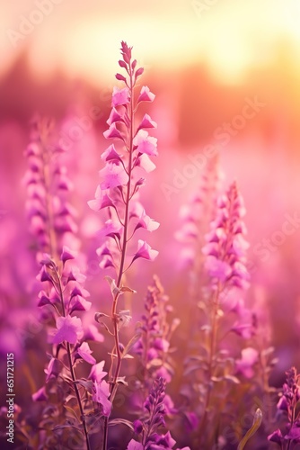 beautiful colorful meadow of wild flowers floral background  landscape with purple pink flowers with sunset and blurred background. Soft pastel Magical nature copy space   Generative AI