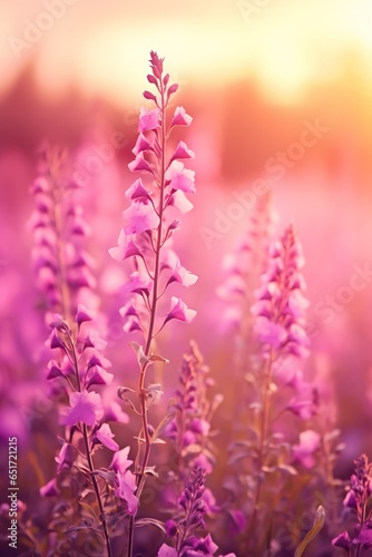 beautiful colorful meadow of wild flowers floral background, landscape with purple pink flowers with sunset and blurred background. Soft pastel Magical nature copy space | Generative AI