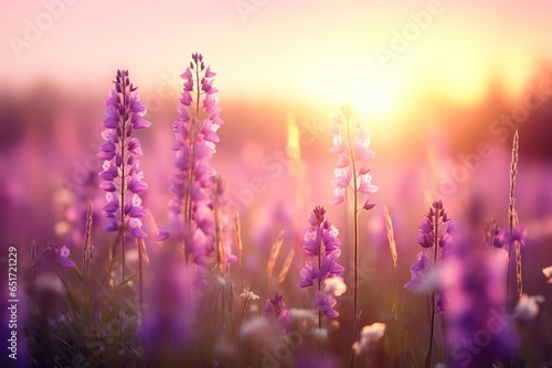 beautiful colorful meadow of wild flowers floral background, landscape with purple pink flowers with sunset and blurred background. Soft pastel Magical nature copy space | Generative AI