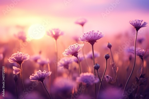 beautiful colorful meadow of wild flowers floral background, landscape with purple pink flowers with sunset and blurred background. Soft pastel Magical nature copy space | Generative AI