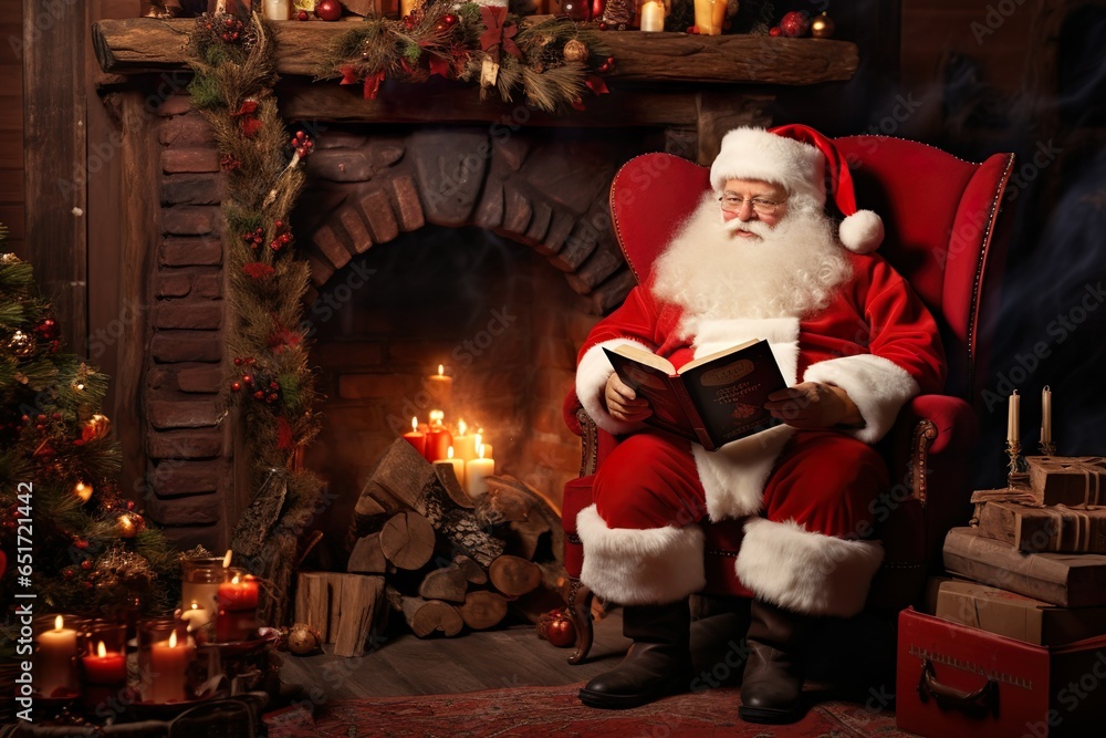 Obraz premium Santa Claus sitting at his home in a comfortable chair and reading his magical book. children's naughty list. Portrait of a cozy Christmas place of Santa. Merry Christmas concept | Generative AI