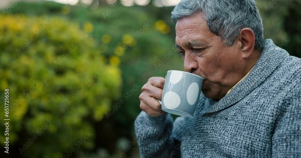 Mature, man and alone with coffee at home in backyard, peaceful and calm for relaxing. Elderly, person or grandfather in garden for beverage, enjoy or wellness for retirement, vacation or trip in day Mature, man and alone with coffee at home in backyard, peaceful and calm for relaxing. Elderly, person or grandfather in garden for beverage, enjoy or wellness for retirement, vacation or trip in day
