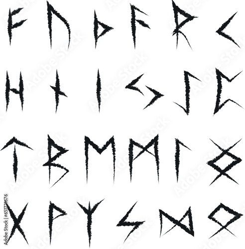 Set of runes. Runic alphabet, futhark. Writing of the ancient Germans and Scandinavians. Mystical symbols. Esotericism, occultism, magic. Fortune telling, predicting the future. Runes of black lines