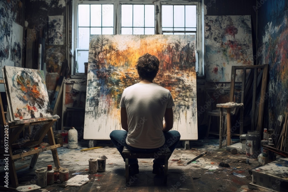 young artist in his atelier. huge canvas in the background. 