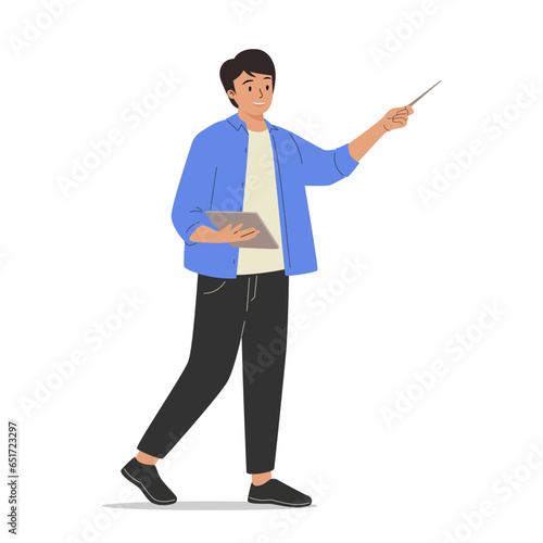 Business man with tablet PC, computer. Young businessman, entrepreneur with gadget in hands. Office worker, manager.