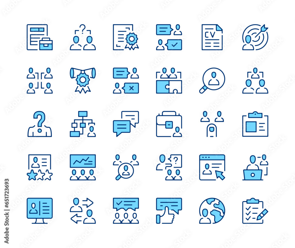 Human resources icons set. Vector line icons. Blue color outline stroke symbols. Modern concepts Human resources icons set. Vector line icons. Blue color outline stroke symbols. Modern concepts
