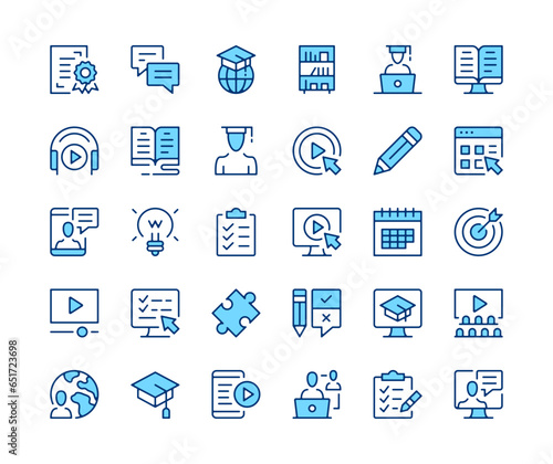 Online learning icons set. Vector line icons. Blue color outline stroke symbols. Modern concepts