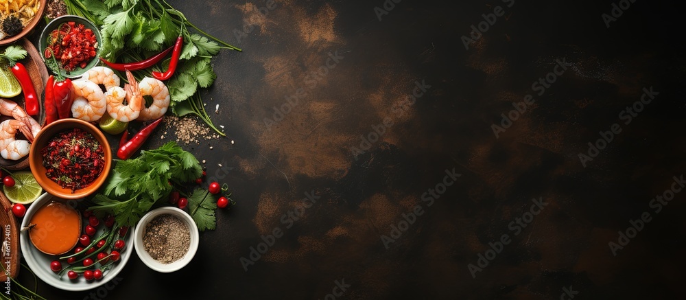Various cooking ingredients on rustic background top view Concept Chinese or Thai cuisine
