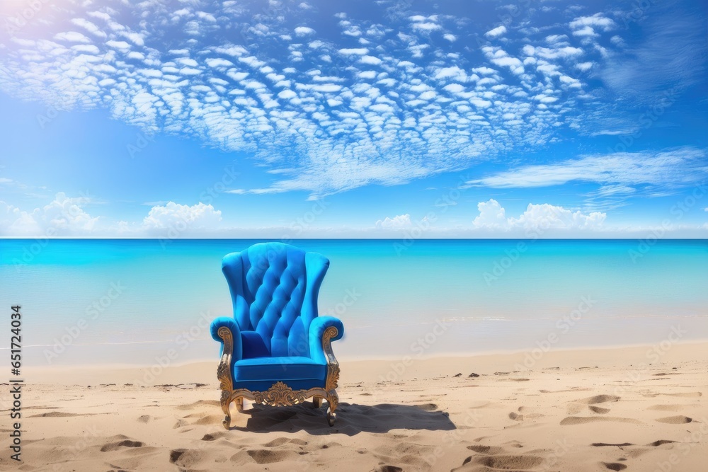 Blue luxury chair at the sandy beach, freelance business concept, generative ai Blue luxury chair at the sandy beach, freelance business concept, generative ai