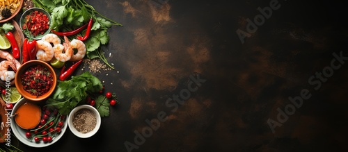 Various cooking ingredients on rustic background top view Concept Chinese or Thai cuisine