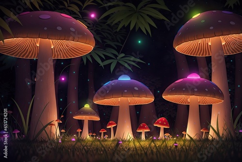 Magic neon mushroom family in forest, glow in the dark, generative ai