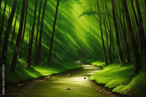 Winding gravel road through sunny green Forest illuminated by sunbeams through mist  generative ai image