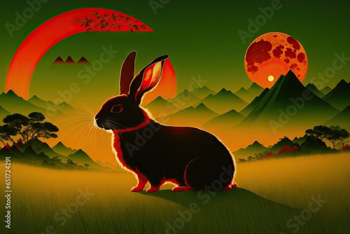 Cartoon happy rabbit in the grass, flat illustration, generative ai