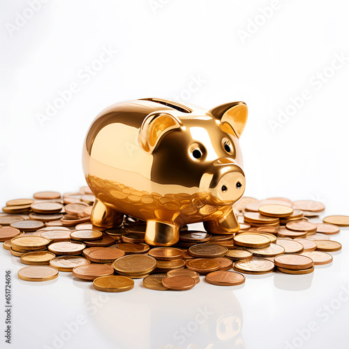 Piggy bank and coins isolated on white