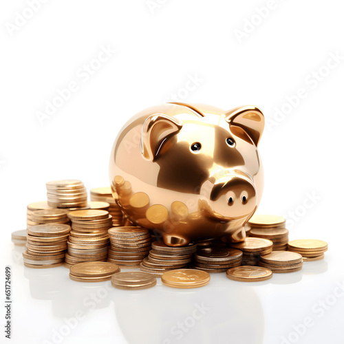 Piggy bank and coins isolated on white