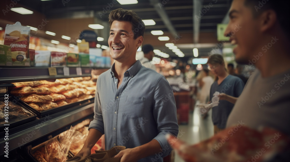 Smiling young man buying bread in grocery store