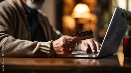 Senior man using laptop and credit card for online shopping at home