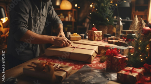man wrapping christmas gifts in craft paper at home