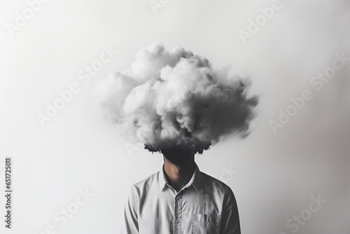 Portrait of a man with his head in the clouds. Man captures the dreamy essence. Concept of dreamy or fantasizing man.