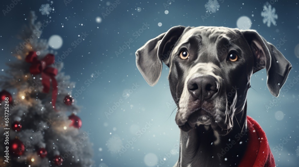 Great Dane small dog Christmas portrait with Christmas tree. Great Dane