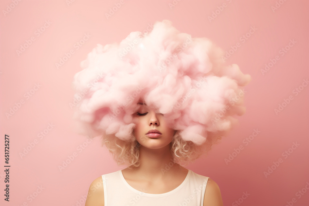 Portrait of a woman with her head in the clouds. Woman captures the dreamy essence. Concept of a dreamy or fantasy woman.