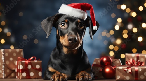 Doberman Pinscher small dog wearing Santa Claus hat. Doberman Pinscher. Horizontal Christmas holidays banner poster. AI generated © Magiurg