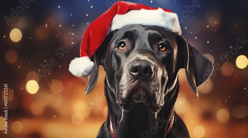 Great Dane small dog wearing Santa Claus hat with Christmas gifts. Great Dane. Horizontal Christmas banner poster. AI generated