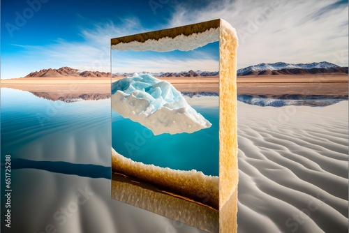 Photograph of Gletsjer wall melting into rystal clear water landscape the texture of the gletsjers ice is the same of the texture of the salt lake in Uyuni Peru Landscape photohraphy national  photo