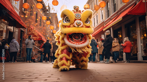 Lion Dance on the street of China town. Chinese New Year