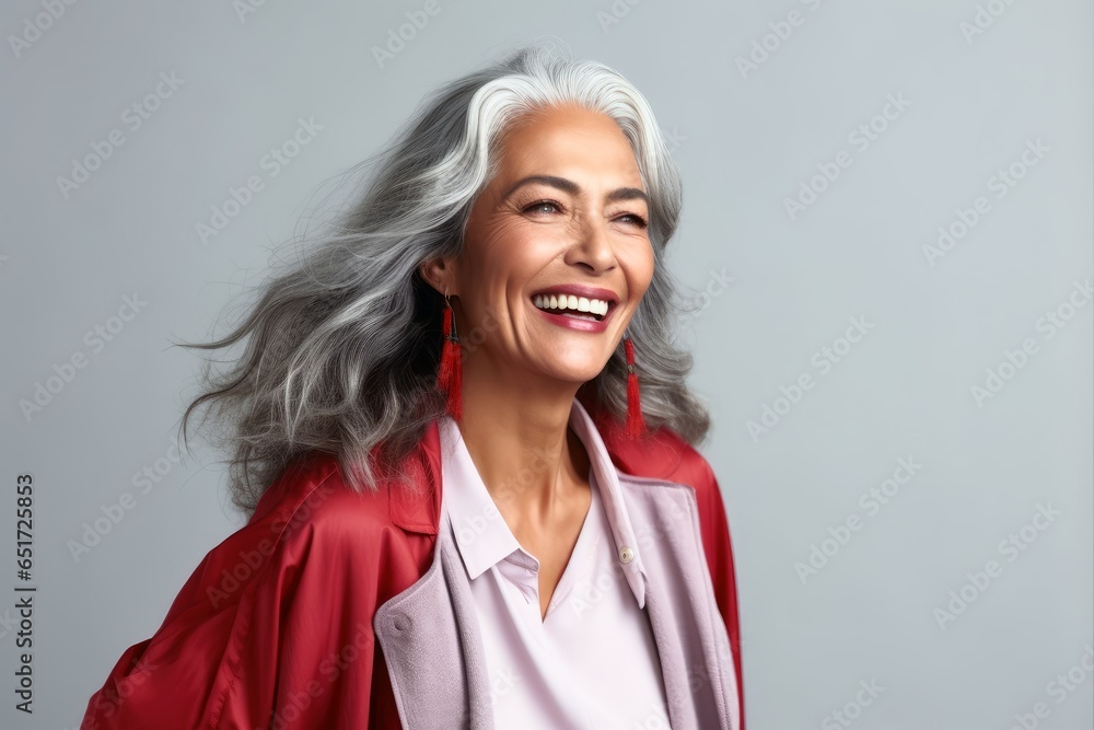 Fototapeta premium Portrait of a beautiful mid age woman with grey hair.