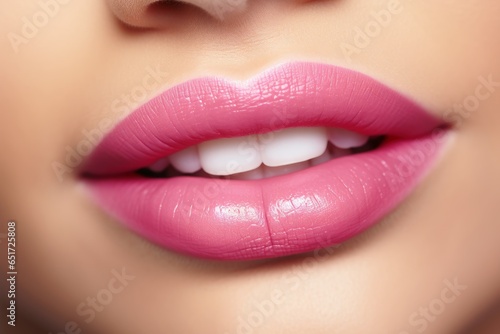 Close up on a womans lips with pink lipstick.