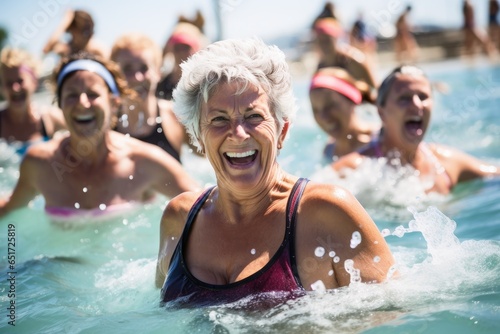Energetic woman having fun at water aerobics. © Michael