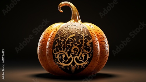 A pumpkin adorned with delicate, Arabic calligraphy.