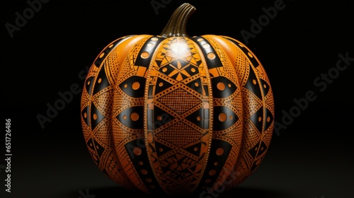 A pumpkin adorned with delicate, African tribal patterns.