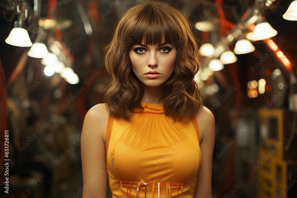 Fashionable Woman in Retro Orange Dress and Industrial Setting Fashionable Woman in Retro Orange Dress and Industrial Setting