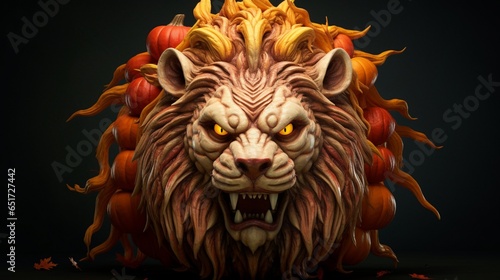 A pumpkin sculpted into a realistic, regal lion's head.